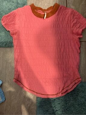 Free People Pink Short Sleeve Ribbed Tee with Tan Contrast Neck